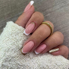 穿戴美甲金色閃粉白邊拼接法式美甲穿戴甲批發指甲貼片 歐美nails
