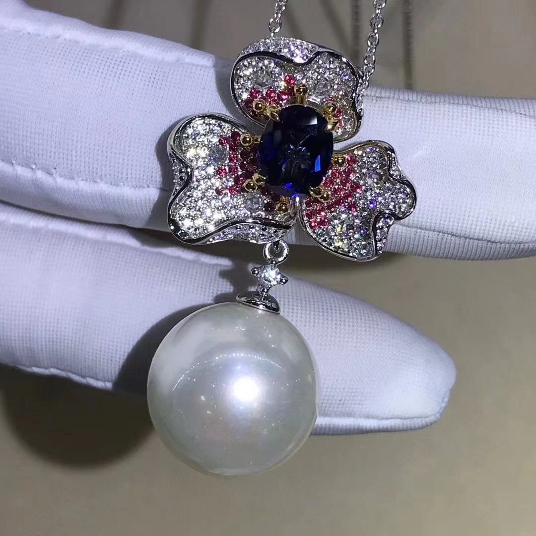 18mm Pei Zhu Macao colgante de zafiro de perla blanca S925 plateado con cinco capas gruesas de platino incrustadas con perlas