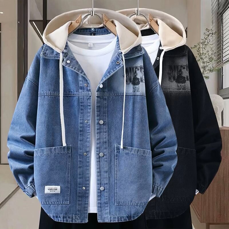 Factory direct sale spring and autumn denim clothing, plus-size men's jacket, new style student loose-fitting hooded casual jacket Factory direct sale spring and autumn denim clothing, plus-size men's jacket, new style student loose-fitting hooded casual jacket