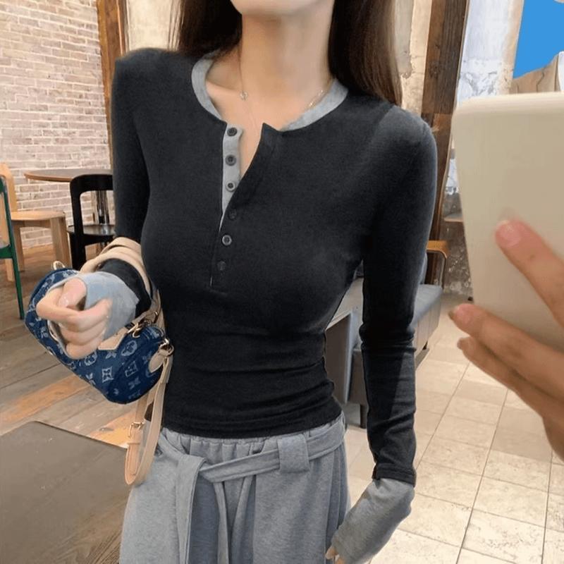 2025秋款撞色假两件别致内搭打底衫女辣妹上衣百搭桖7123|undefined