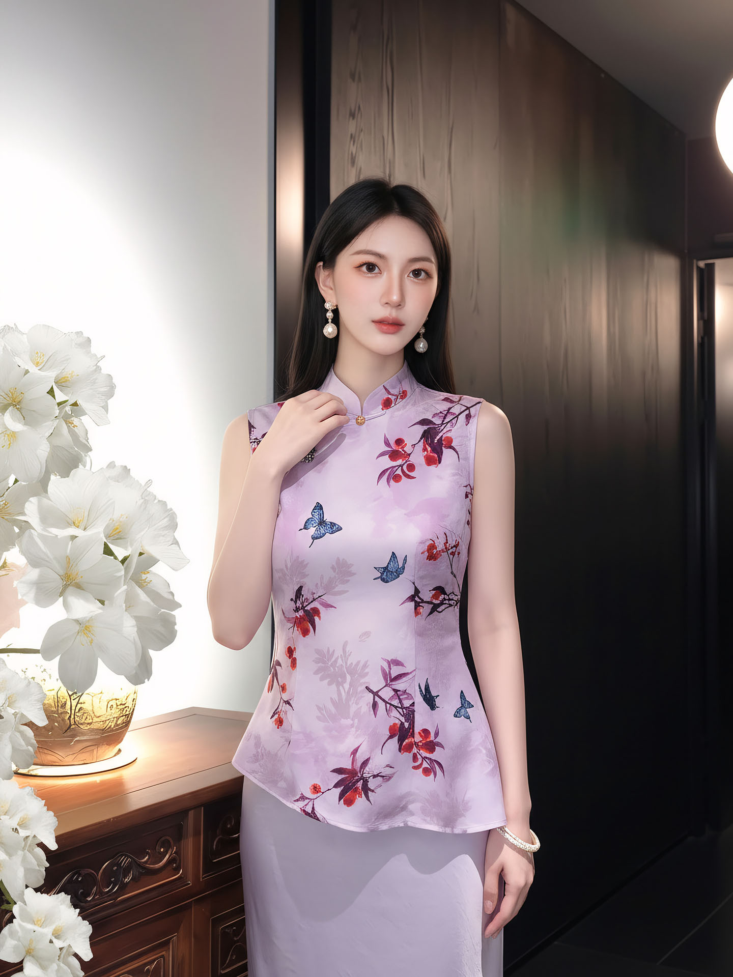 Áo gile nữ cổ đứng không tay họa tiết thêu hoa văn quốc phong — màu tím