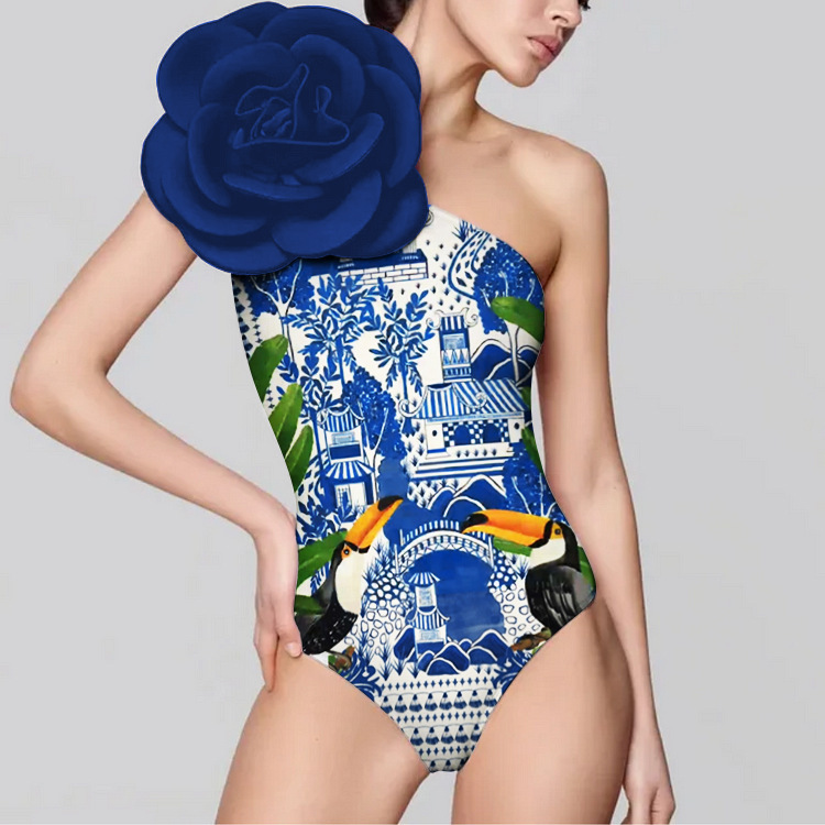 Femmes Glamour Rétro À La Française Impression Numérique Fleur Asymétrique Fleurs Une Seule Pièce Maillots De Bain display picture 3