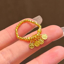 镀银黄金色平安喜乐蹦迪珠流苏戒指碎金子好运食指戒厂家直销