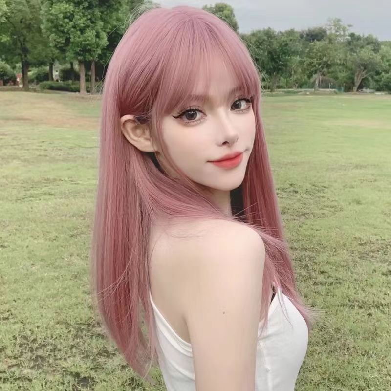Manufacturer's New Light Pink Medium-Length Straight Hair 65 ㎝ Women's Korean-Style Fashion Pink Synthetic Wig with Bangs
