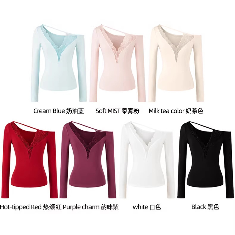 Lace V-Neck Hollow-Out Asymmetrical Shoulder Knit Top for Women, New Spring Style, Pure Desire Waist-Cinching Sister-Style Long-Sleeve T-Shirt Wholesale Lace V-Neck Hollow-Out Asymmetrical Shoulder Knit Top for Women, New Spring Style, Pure Desire Waist-Cinching Sister-Style Long-Sleeve T-Shirt Wholesale