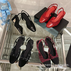 シャネル風クラシックサンダル、ニット生地の配色、ラウンドトゥ、チャンキーヒール、ストラップ付き、万能ハイヒールサンダル