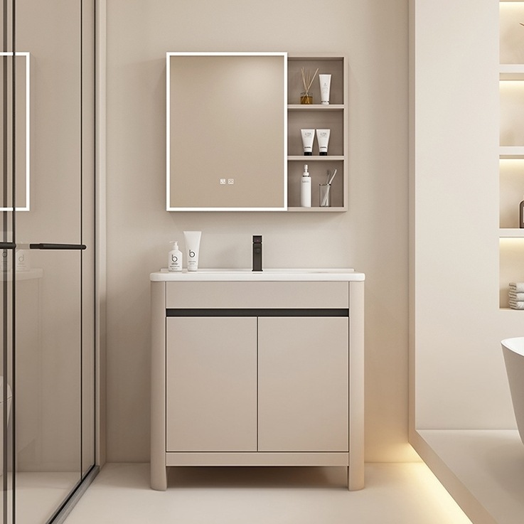 Baño de aire crema gabinete de baño de aluminio espacio combinado cerámica todo en un lavabo tipo piso lavabo gabinete lavabo