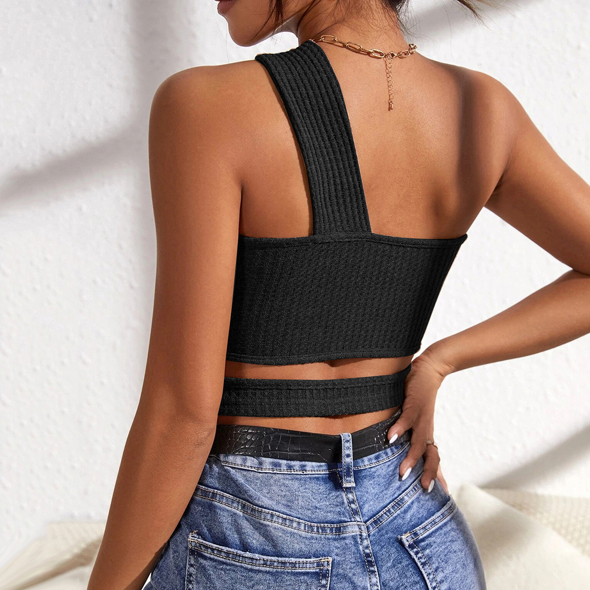 solid color hollow knitted sloping shoulder wrap chest crop top NSYSQ128227