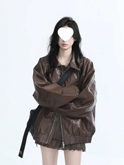 2025新款美拉德棕色机车PU皮衣外套女秋季美式复古宽松夹克潮直发