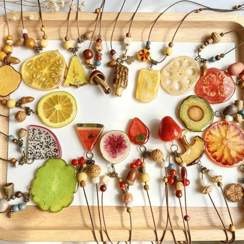 Original real fruit slice necklace with fruit, vegetable, and flower resin accents, vintage long ethnic style, Chinese medicine layered sweater chain Original real fruit slice necklace with fruit, vegetable, and flower resin accents, vintage long ethnic style, Chinese medicine layered sweater chain
