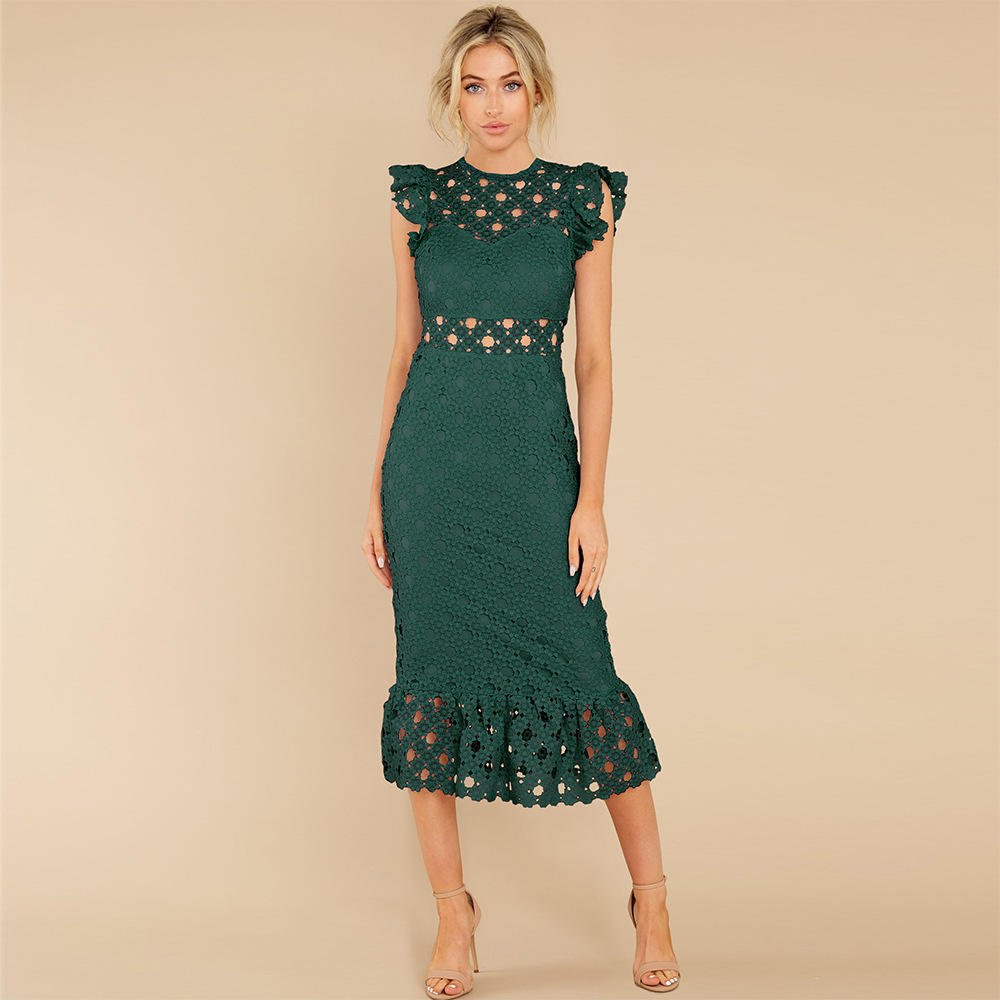 High Waist Waist Line Holiday, Street Occasion Round Neck Neckline Wholesale Women'S Fashion Lace Solid Color Holiday Street Round Neck Short Sleeve A-Line Skirt