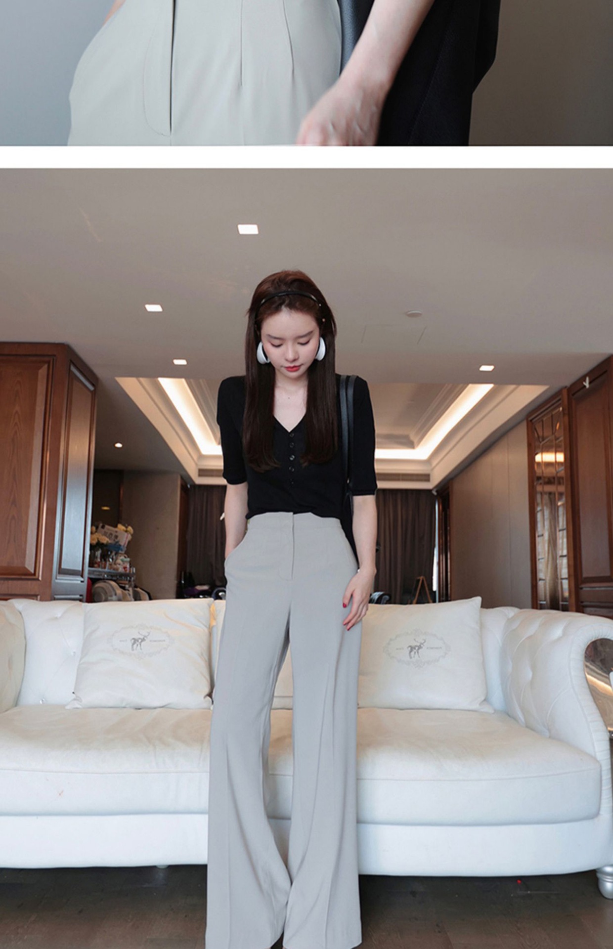Áo len dệt kim tay lỡ cổ V dáng ôm chất liệu lụa đá mùa hè, mỏng nhẹ đa năng — đen chi tiết 10
