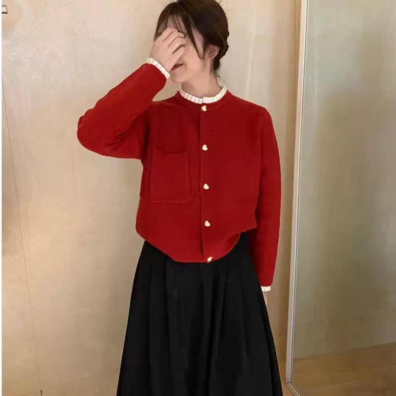 法式小香风针织开衫女秋冬新款气质百搭设计感百褶花边领毛衣外套