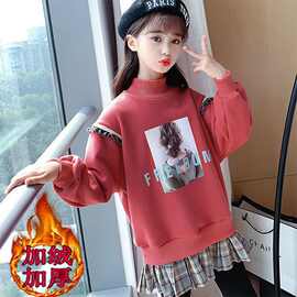 女童加绒卫衣秋冬装2025新款韩版半高领套头上衣中大童加厚打底衫