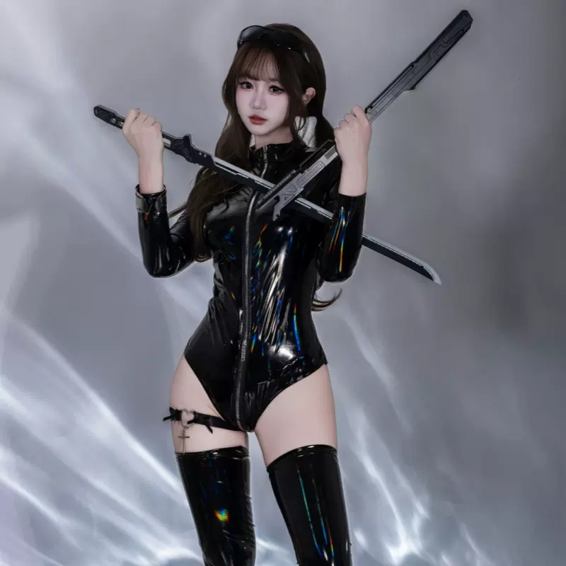 情趣内衣幻彩漆皮女死库油亮黑色水连体衣制服拉链过裆性感纯欲