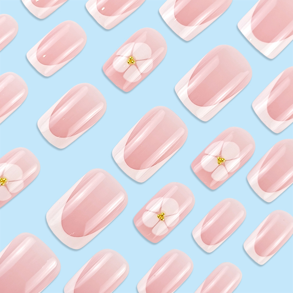 Parches de uñas estilo francés, uñas postizas con adornos de diamantes de imitación, uñas postizas de 24 piezas para la temporada de primavera.