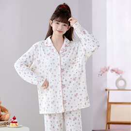 女士睡衣厂家外单跨境批发新款春秋季开衫长袖翻领印花家居服套装