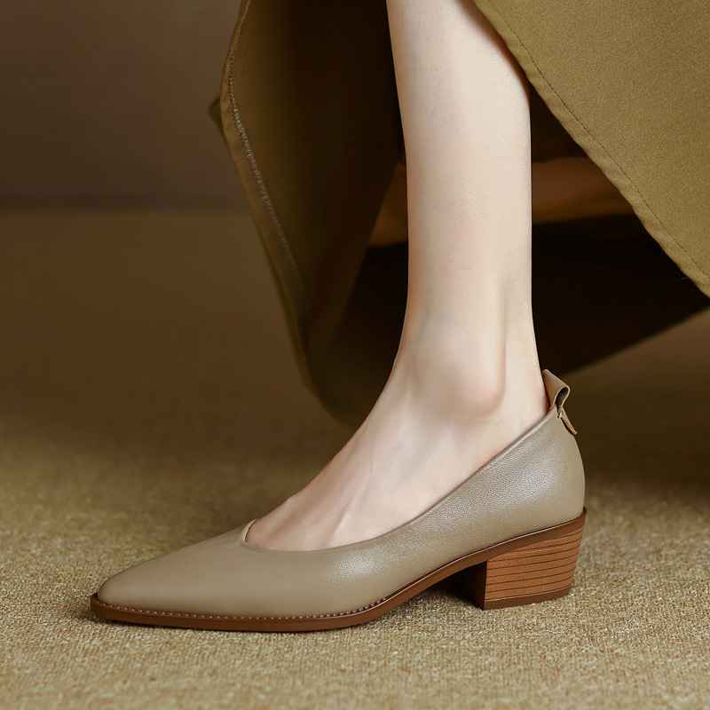 质感羊皮优雅复古2022秋季新款木纹粗中跟通勤尖头全皮浅口单鞋女