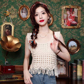 新款波西米亚流苏编织背心吊带女夏海边度假风镂空外穿罩衫上衣