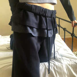 现货 2025秋季新款韩国东大门宽松格子拼接裙摆假两件休闲裤裙裤