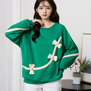 300kg chubby girl three-dimensional bow sweater 2024 spring new plus size fashion women's loose coat 63323