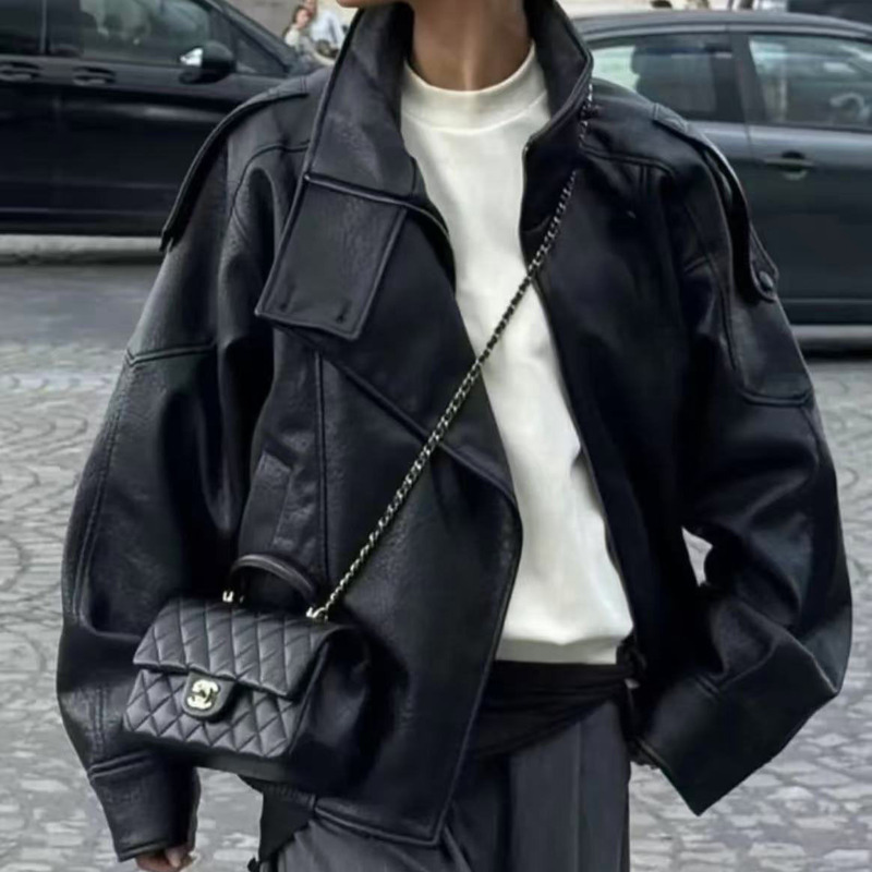 Highly Cost-Effective Women's Clothing in Stock: Loose-Fitting Faux Leather Long-Sleeve Stand-Collar Leather Jacket 4391872 800