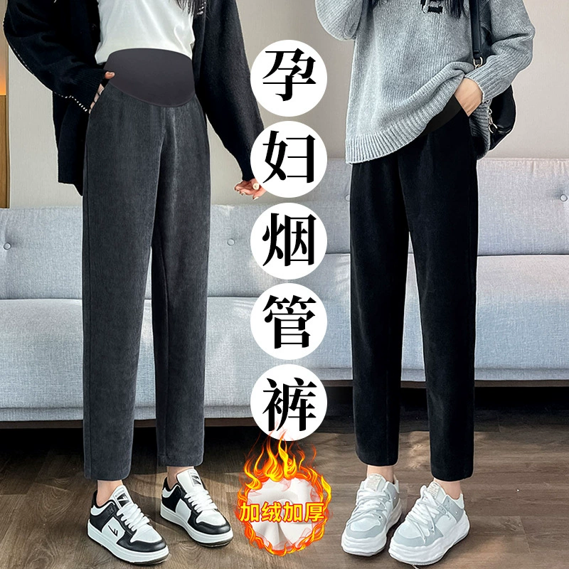 Брюки для беременных, Новинка осени и зимы, весенне-осенняя одежда, прямые брюки с широкими штанинами из утолщенной синели на флисовой подкладке