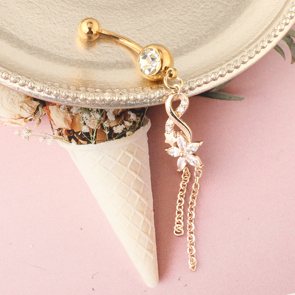 Rose Gold Zircon Flower Belly Button Ring 316L Surgical Steel Navel Piercing Jewelry detail image 9