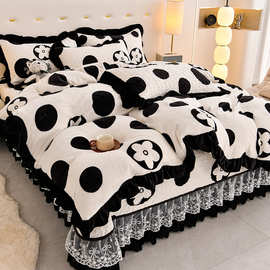 加厚10斤牛奶绒床盖款四件套双人公主风纯色加绒夹棉蕾丝边绒床盖