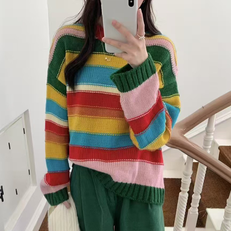 彩虹条纹毛衣 2025秋季新款 慵懒风撞色宽松圆领上衣女针织衫2542|undefined
