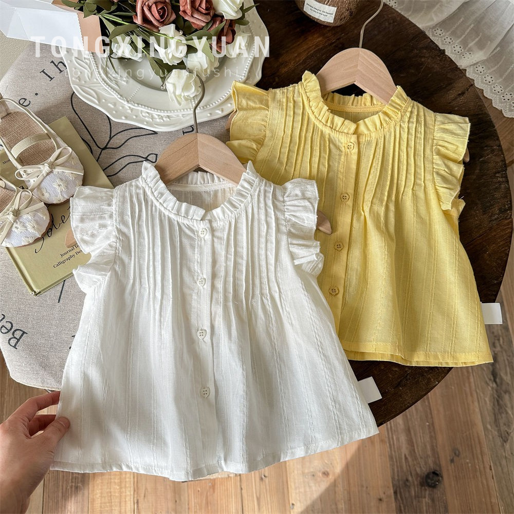 Children's Star Round Ropa para niños Camisa para niñas Camisa plisada para niñas de verano Cárdigan Camisa de manga de encaje coreano para niños