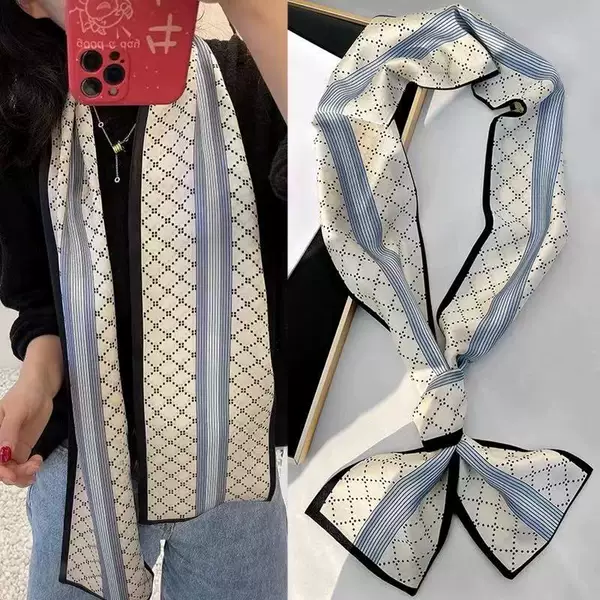 New Style Small Scarf, High-End Retro Long Silk Scarf, Korean Style Double-Layer Double-Sided Printed Spring and Autumn Ribbon Scarf in Stock