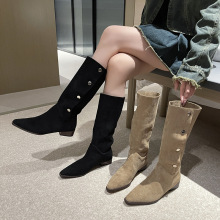 2023年新款复古尖头粗跟西部牛仔靴子中筒瘦瘦靴小个子长靴长筒靴