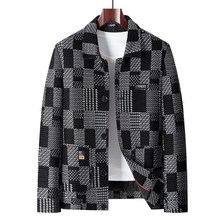 2024年秋冬厚款男士夹克衫加肥加大啊时尚休闲翻领格子印花外套男