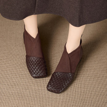 短靴女粗跟2025新款秋冬季法式复古编织瘦瘦靴方头黑棕色弹力拼接