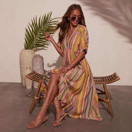 Rainbow Stripe Short Sleeve V Neck Dress彩虹条纹短袖显瘦长裙