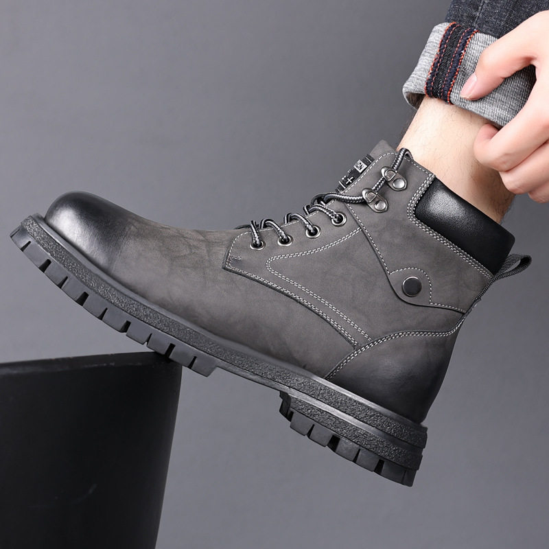 Bốt Martin nam da thật cổ điển kiểu Anh, gót vừa 3–5 cm, dây buộc phía trước, chống nước — Bông màu vàng 6863, Bông màu xám 6863, Màu vàng đơn 6863, Màu xám đơn 6863