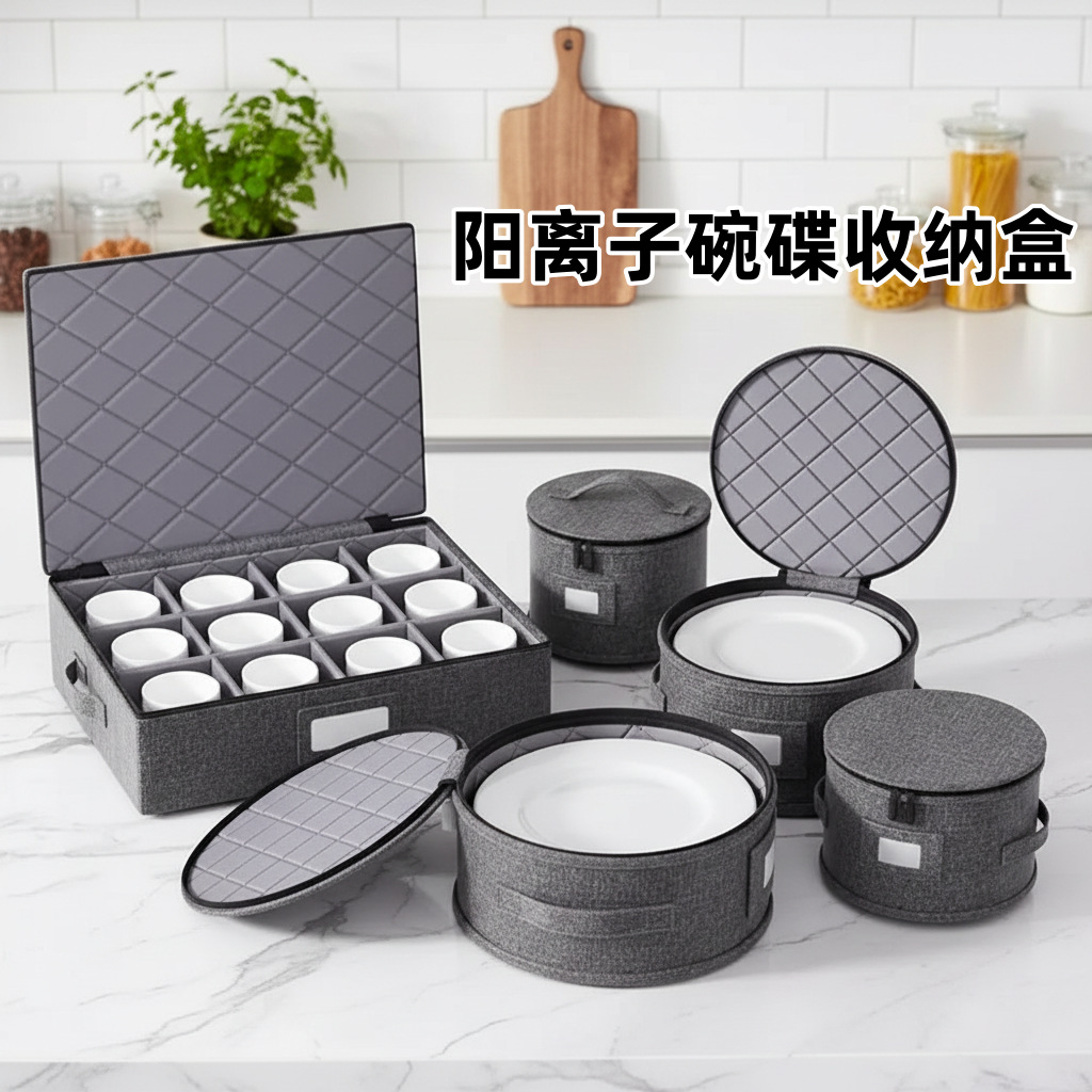 Dinner Plate Storage Box Kitchen Storage Box Set Round Zipper Lid Organizer Box Outdoor Travel Dustproof Storage Bucket
