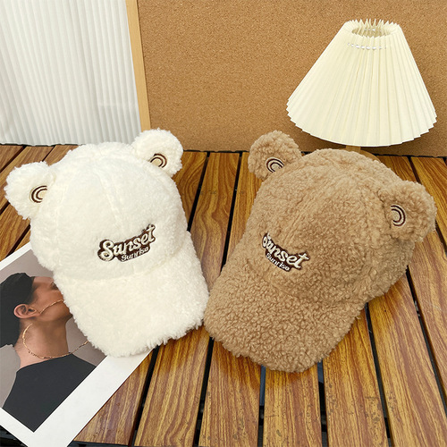 Korean version cute bear ear hat for girls, sheep wool letter embroidery baseball cap, winter warm duckbill hat