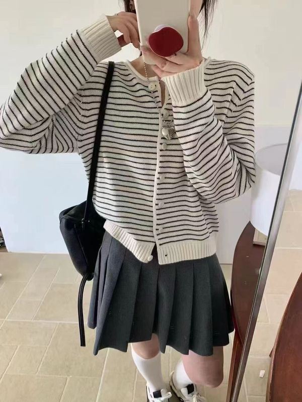 韩系经典条纹毛衣小外套女2025秋冬新款百搭显瘦针织开衫上衣1277|undefined