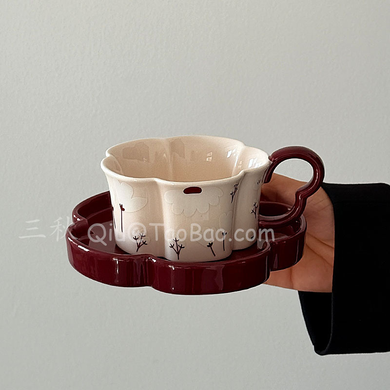 Sanqiu Sanq retro spring cloud powder dream coffee cup saucer antique afternoon tea cup latte cup niche gift