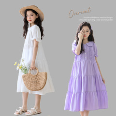 Girls' Dress 2024 Summer New Shirtsleeve Short-Sleeve Princess Dress for Big Kids Cake Skirt Parent-Child Long Dress