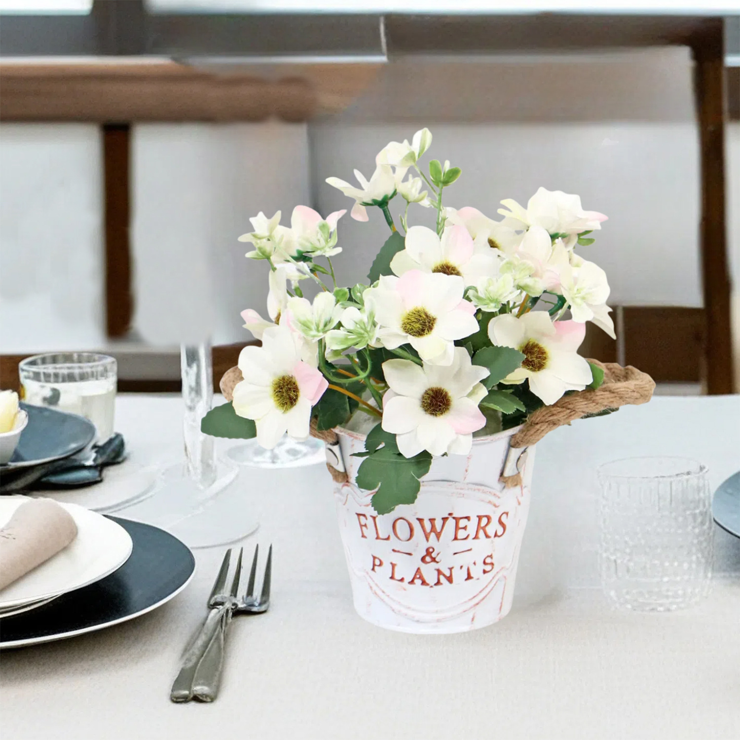 목가적 인 대마 로프 꽃 양동이 철 교수형 양동이 철 양동이 가짜 꽃 벚꽃 가게 장식 화분 꽃 용품 철 장식