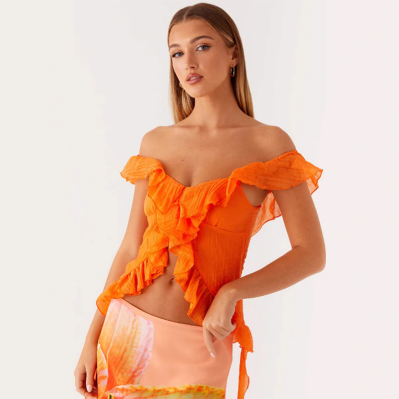 Trendy Versatile Solid Color Ruffled Backless Blouse for Women 2025 Summer New Off-Shoulder Ruched Sleeveless Crop Top
