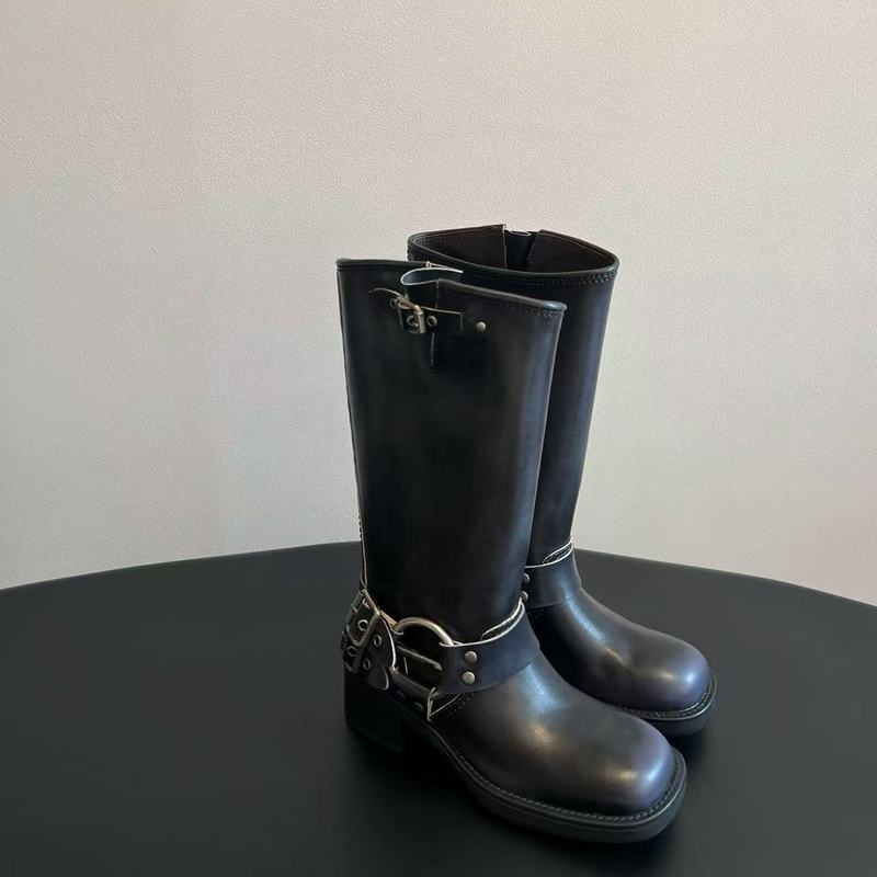 miu キャットウォーク ベルトバックル 太ヒール マーティンブーツ レディース 春夏新作 レトロ ニーハイブーツ ウエスタンブーツ|undefined