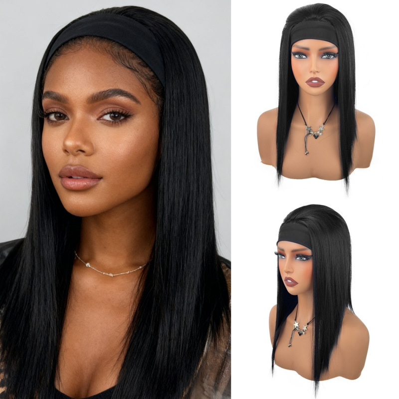 Cross-Border European and American African Fashion Hot-Selling Women's Headscarf Wig Long Straight Hair Ice Silk Headband Chemical Fiber Headgear