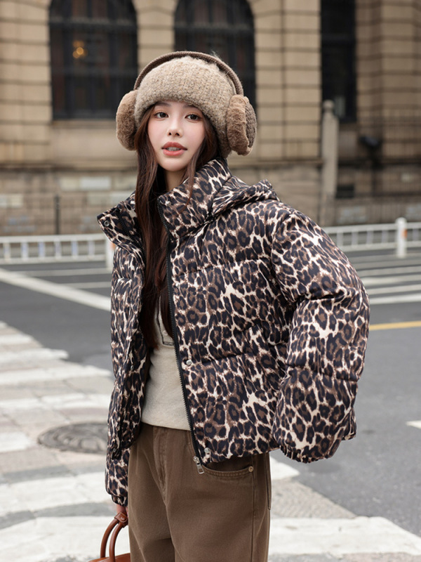 外贸棉衣女短款活帽子2025秋冬新款豹纹棉服外套加厚立领夹克棉衣|undefined