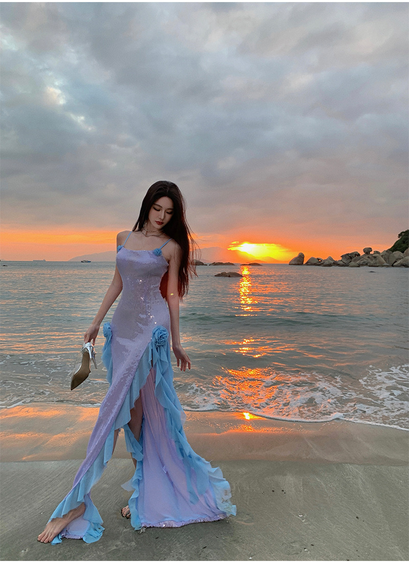 Robe de soirée à paillettes élégante pour soirées en bord de mer_voghion.com