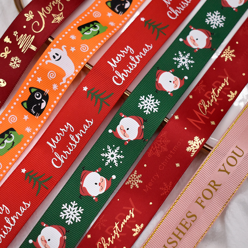 専門生産各種プリントテープ熱転写クリスマスリボン箔押し花プレゼント包装リボンシルク印刷|undefined