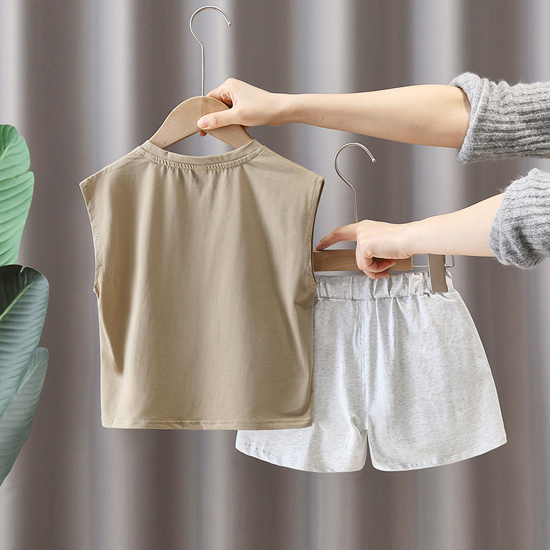 5599 traje de chaleco para niños verano sin mangas delgado vestido de verano de moda estampado de bebé versión coreana de dos piezas de moda